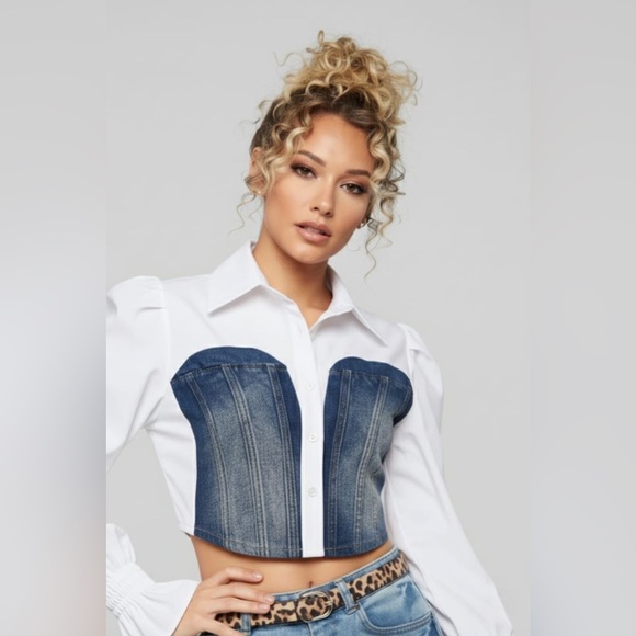 Shirt White Denim Crop Top Woman’s Comfort - Picture 2 of 13